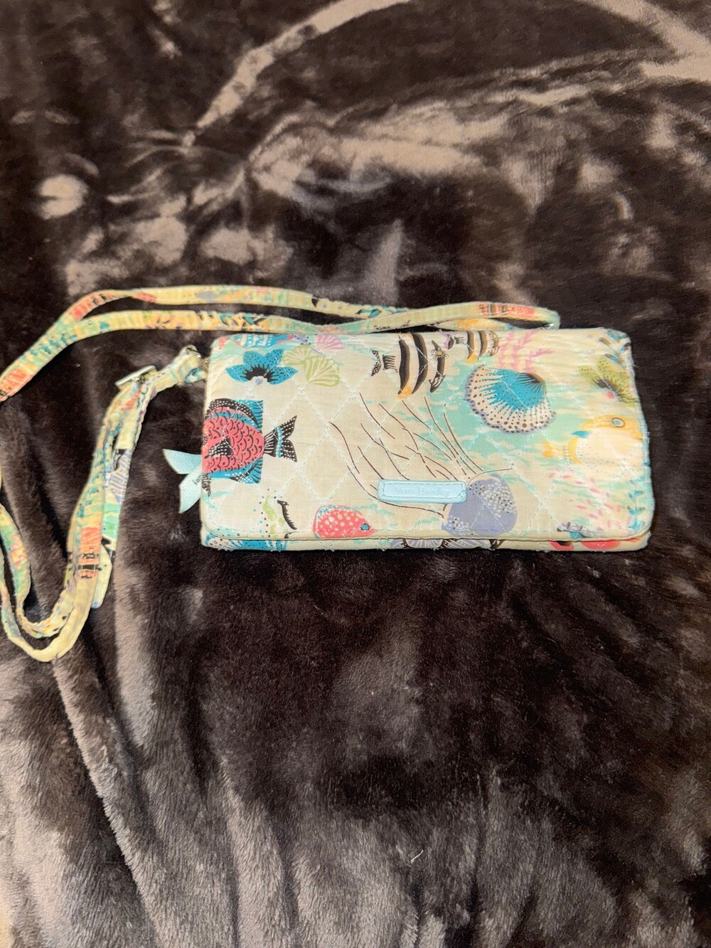 Vera Bradley Quilted Fabric Wallet Adjustable Strap Fish Pattern